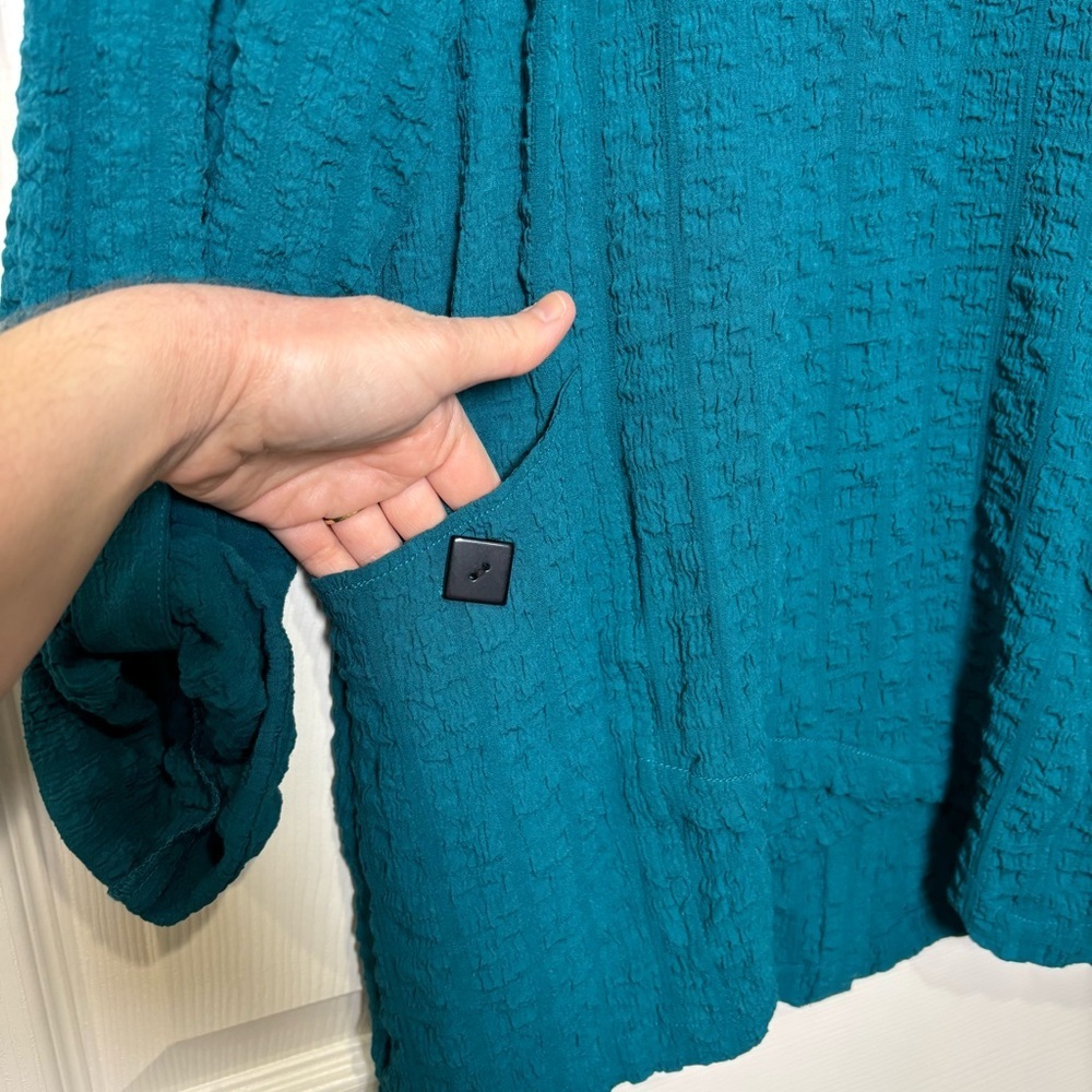 Ali Miles Top Tunic Women Medium Textured Woven Turquoise Lagom Lagenlook Pocket - Picture 7 of 9
